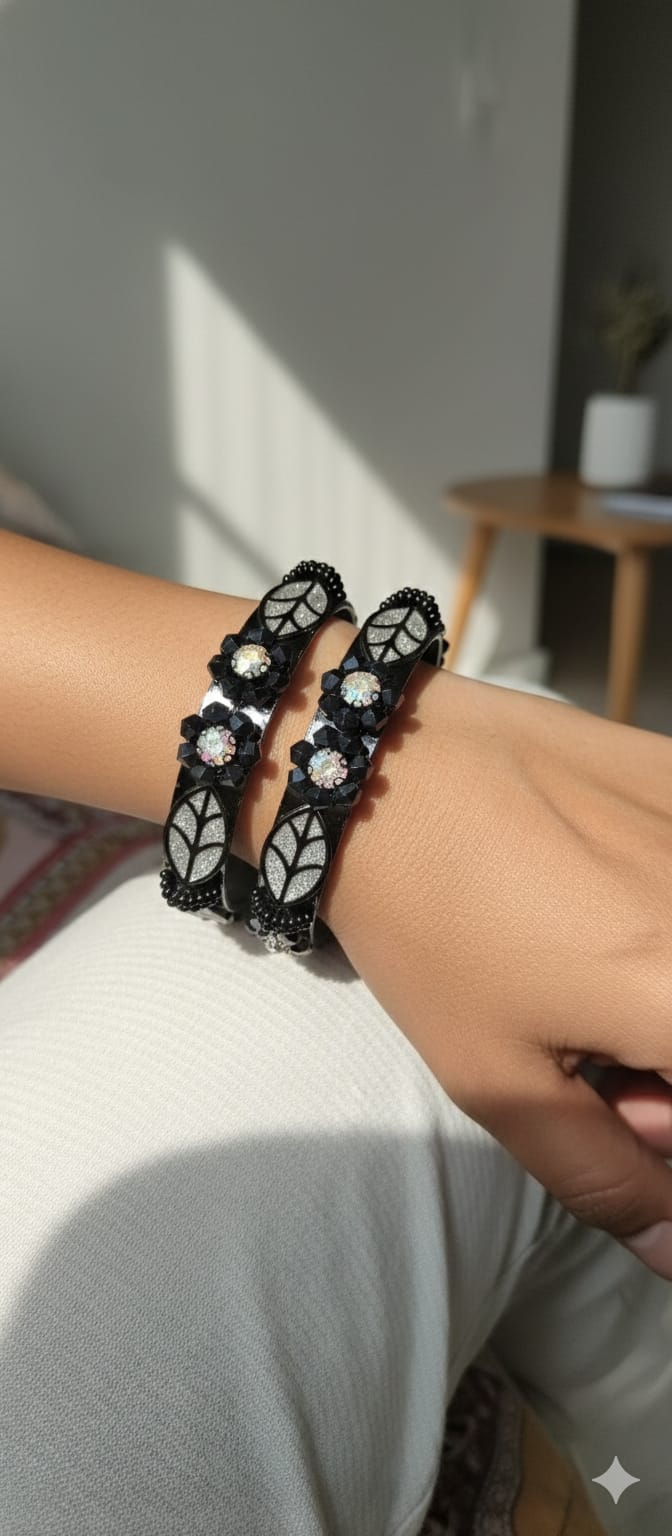 Black Crystal Designer Bangle- (Set of 2) - Image 4