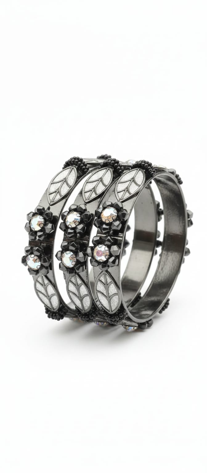 Black Crystal Designer Bangle- (Set of 2)