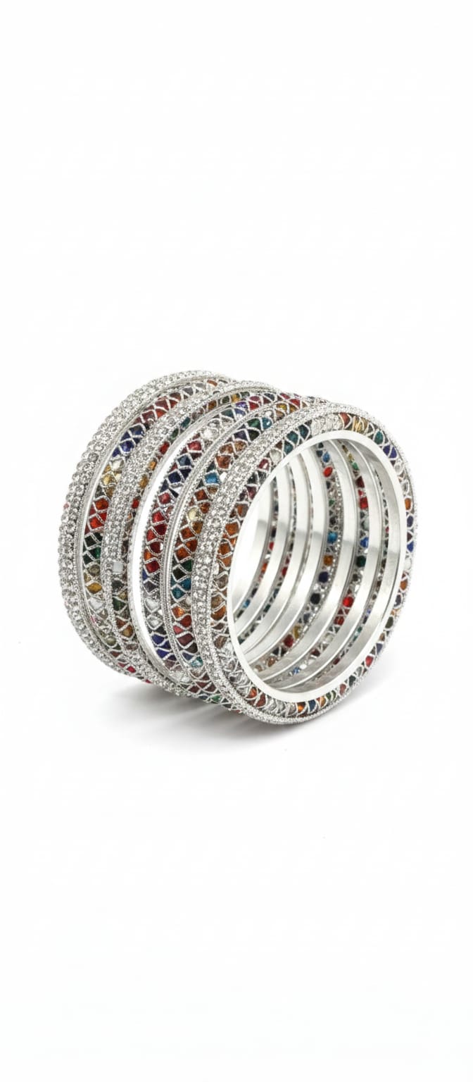Multicolor Crystal Designer Bangles- Set of 4